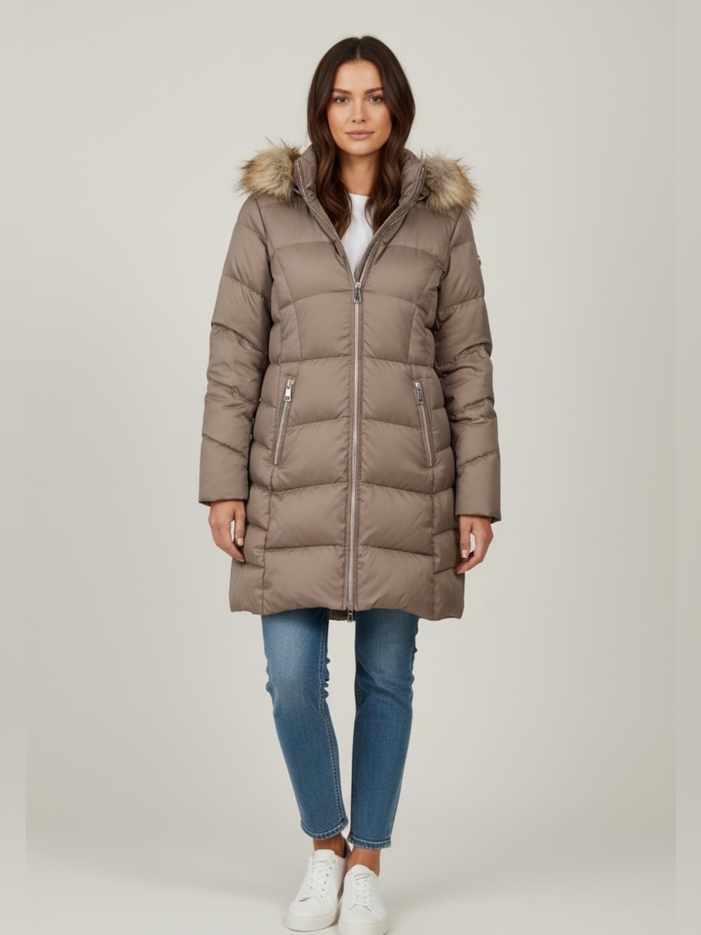 Calvin Klein Taupe Down Quilted Long Puffer with Faux Fur Trim Hood
